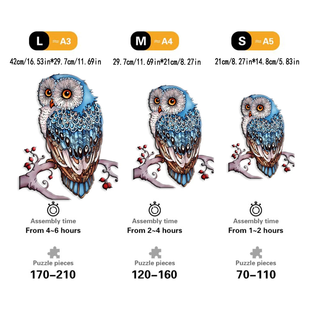 Three owl wooden jigsaw puzzles in large, medium, and small sizes with corresponding piece counts.