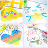 A set of colorful glitter gel pens demonstrating various writing and crafting techniques on white paper.