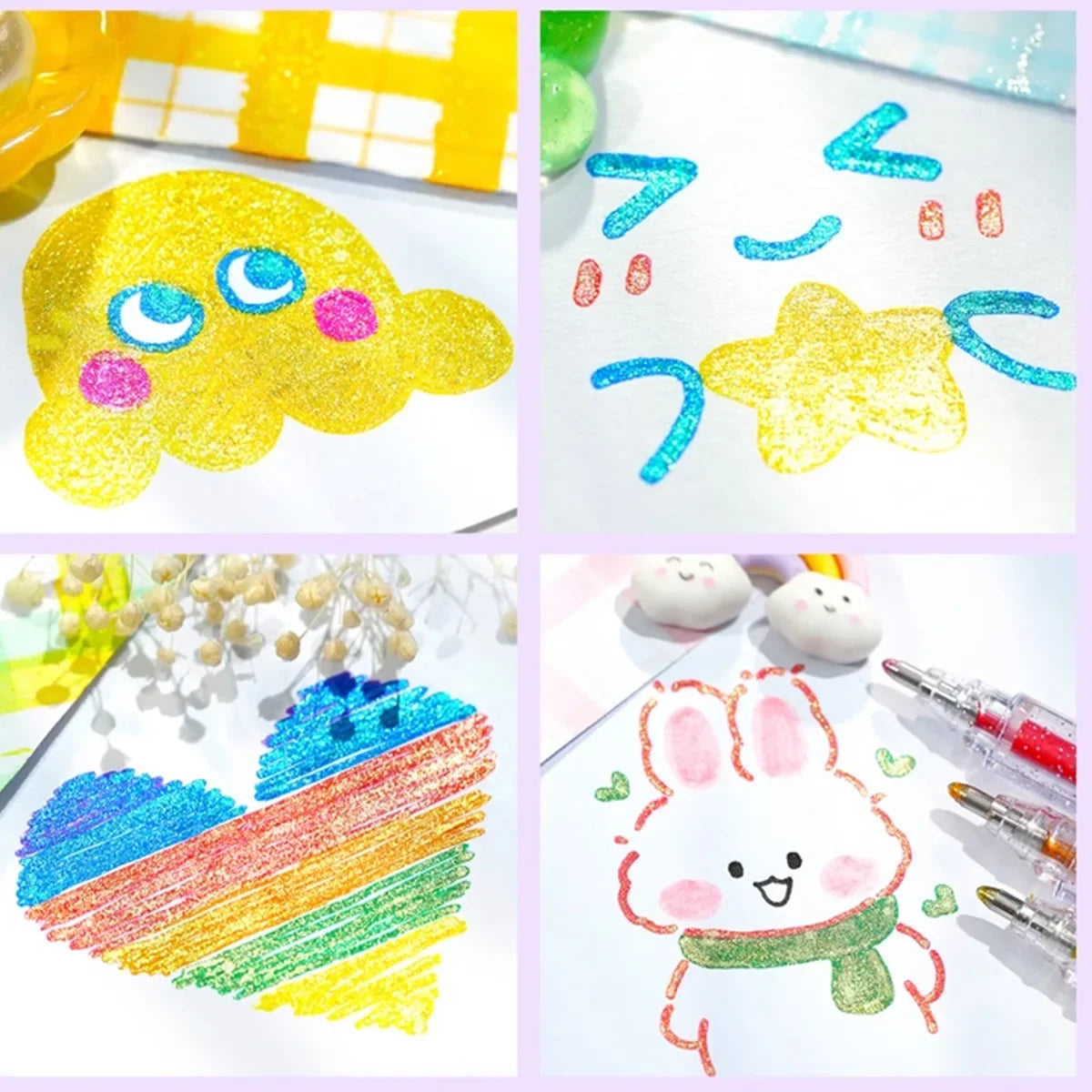 A set of colorful glitter gel pens demonstrating various writing and crafting techniques on white paper.