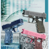 A manual continuous fire water gun in blue, silver, and pink colors is displayed on tiled surfaces.