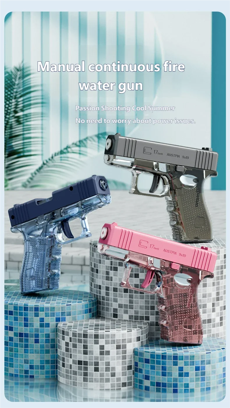 A manual continuous fire water gun in blue, silver, and pink colors is displayed on tiled surfaces.