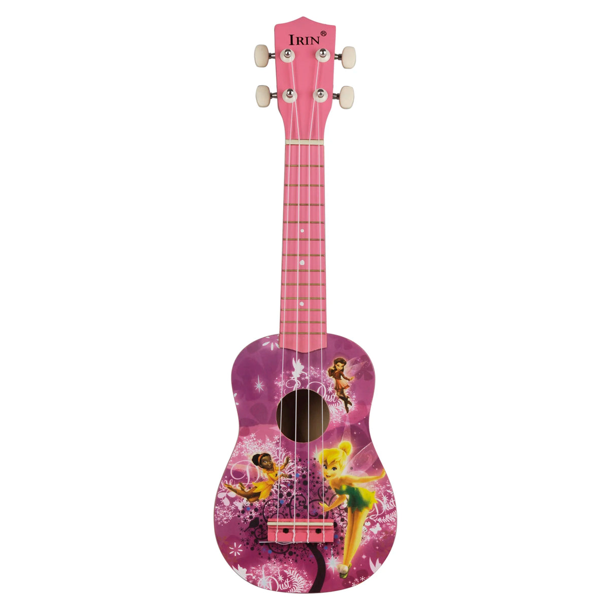 A pink ukulele with a floral design and accessories.