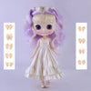 A Blyth 1/6 scale fashion doll with long purple hair and a white dress, shown with various hand accessories.