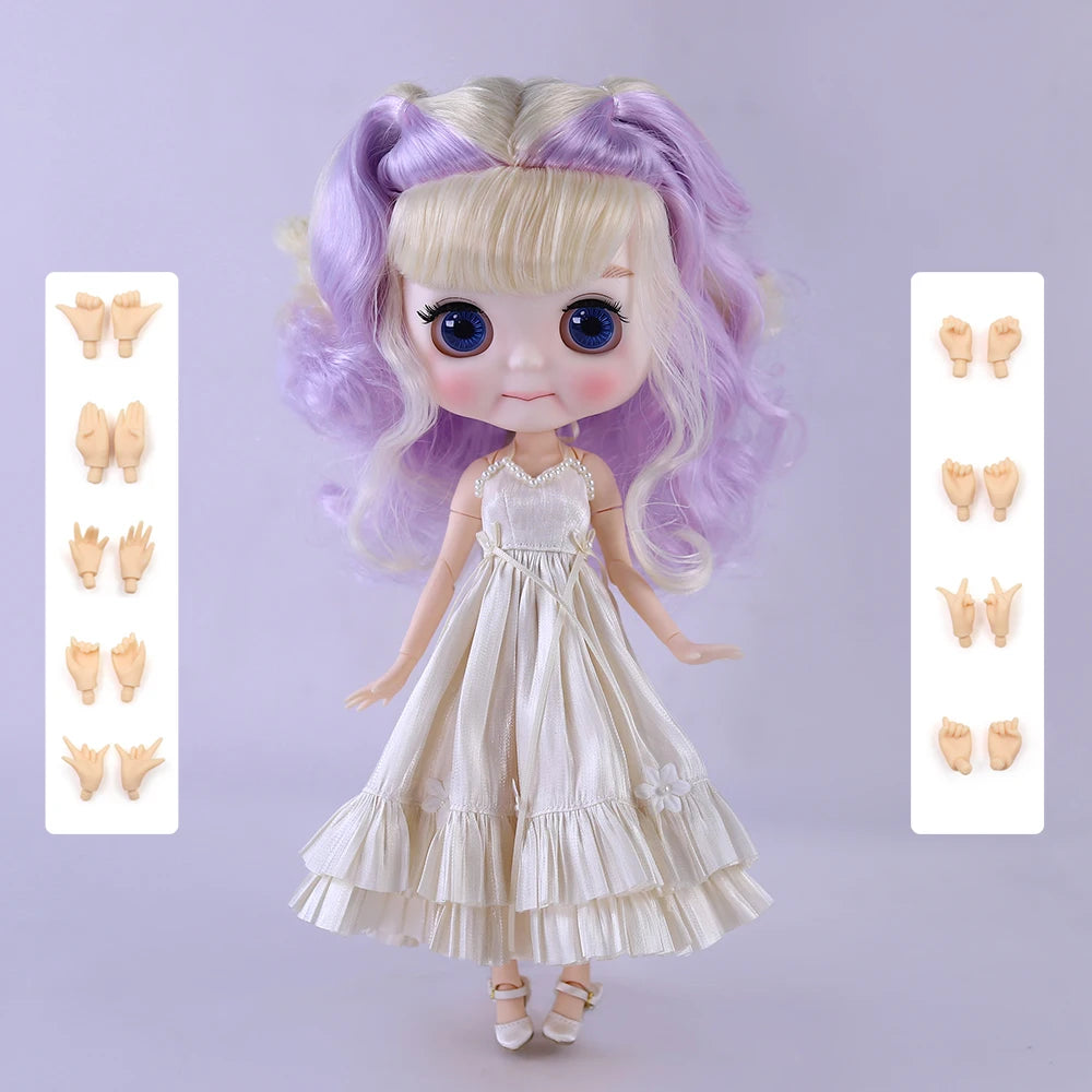 A Blyth 1/6 scale fashion doll with long purple hair and a white dress, shown with various hand accessories.