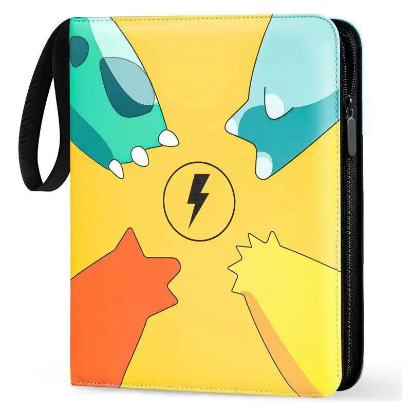 A yellow PU leather card binder with a zipper featuring cute, stylized green and blue lightning bolt designs.