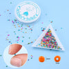 A glass seed bead kit with 20,000 pieces of 24 colors is shown alongside a pile of beads and a storage container.