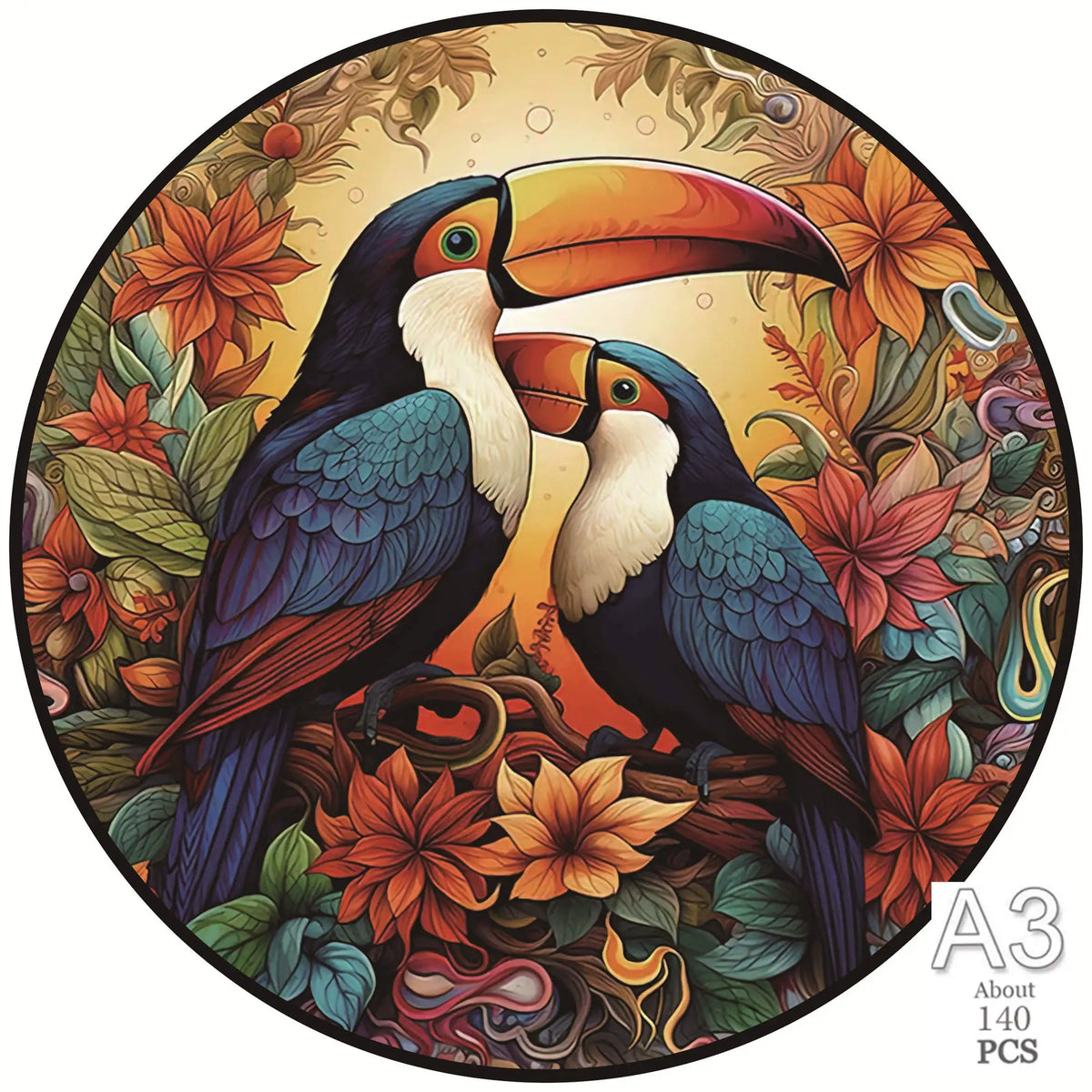 A circular puzzle featuring a vibrant toucan in flight surrounded by colorful tropical leaves and flowers.