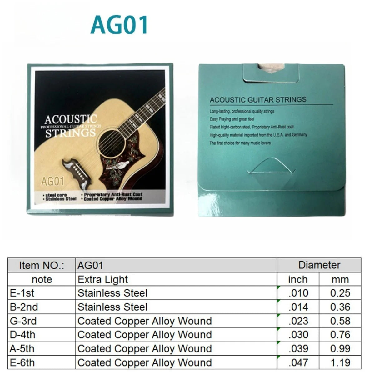 Acoustic Guitar Strings Set – Durable Steel Core with Coated Copper Alloy Windings