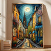 Van Gogh inspired painting of a moonlit city street with historic buildings and pink blossoms.