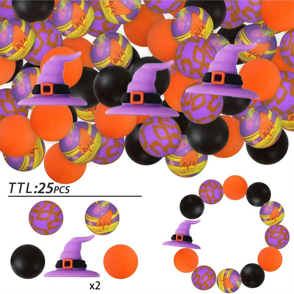 A set of 25 silicone beads in purple, orange, and black colors, including witch-themed shapes for jewelry and crafting.