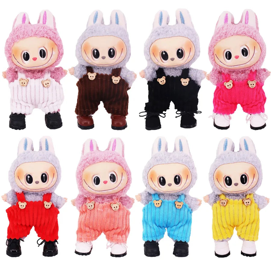 A collection of colorful strap pants for 17cm Labubu plush dolls in various shades like pink, purple, red, and yellow.