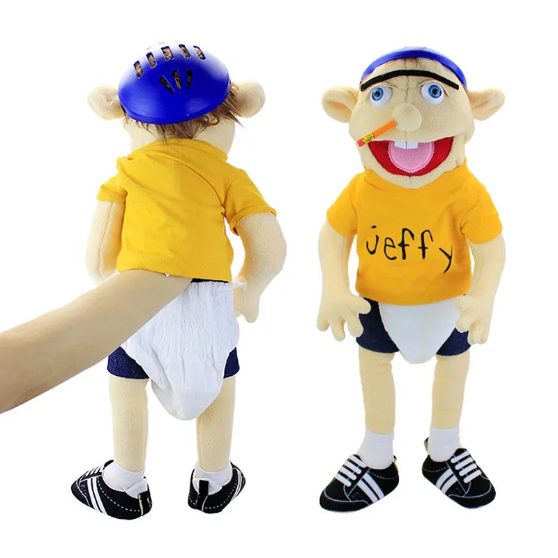 A plush toy of Jeffy, a soft interactive doll for kids and adults, shown from the back and front.