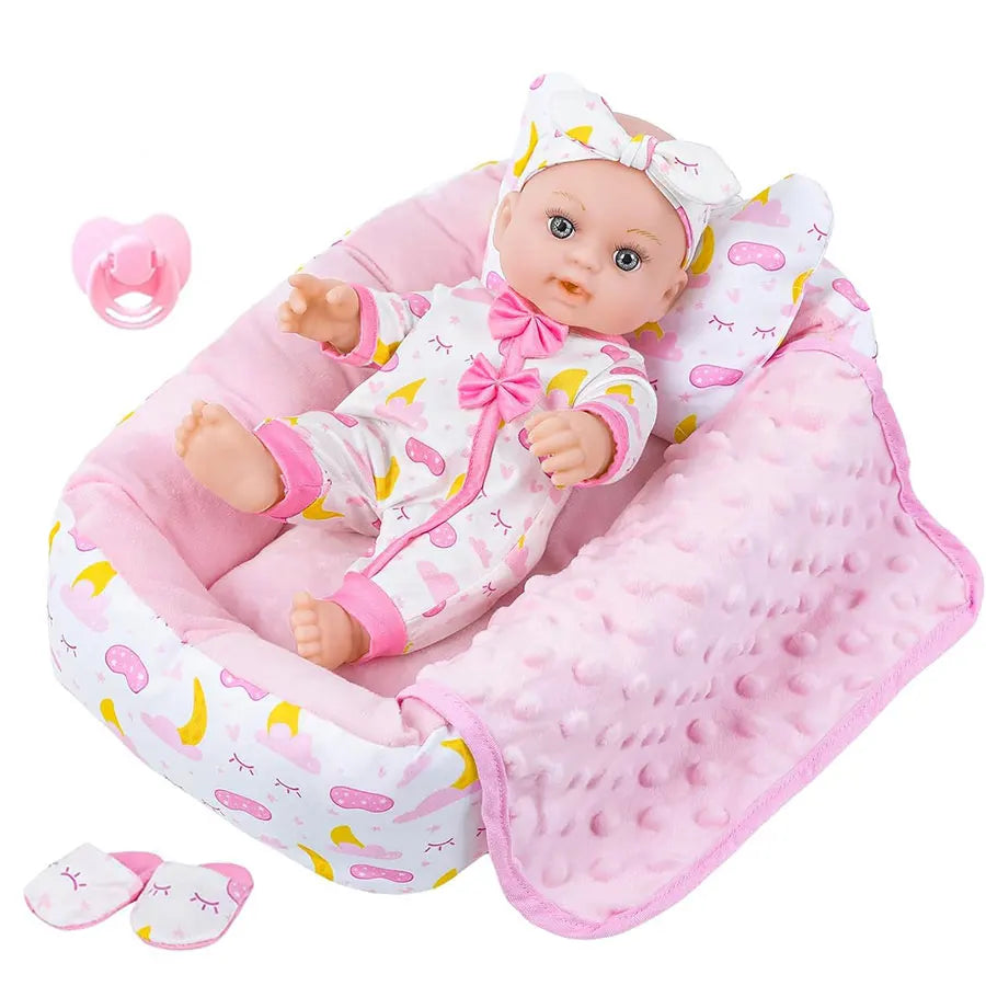 Adorable 8-Inch Silicone Baby Doll with Pink Outfit and Sleeping Bag