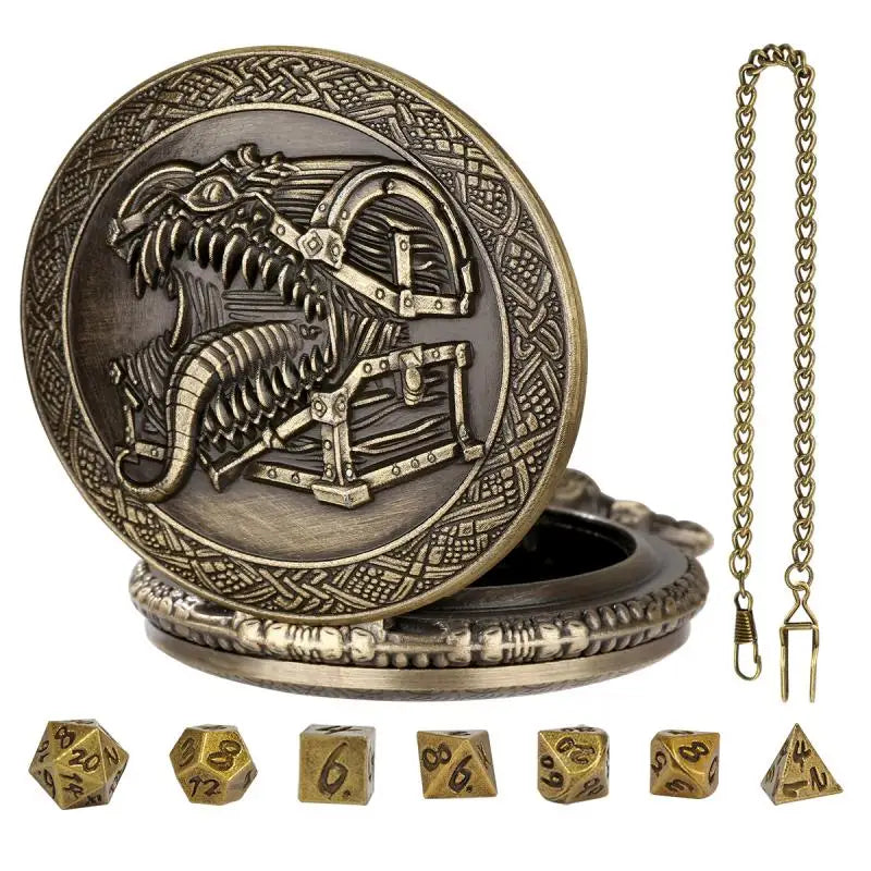 Metal Polyhedral Dice Set with Pocket Watch Case