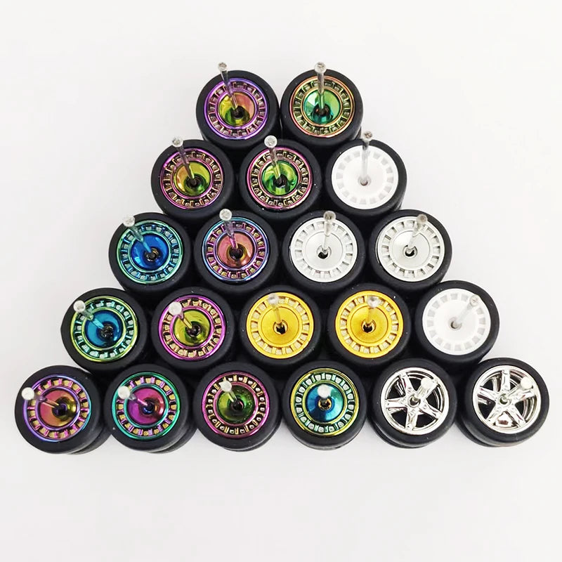 1/64 Scale Alloy Car Wheels with Rubber Tires - 10 Sets