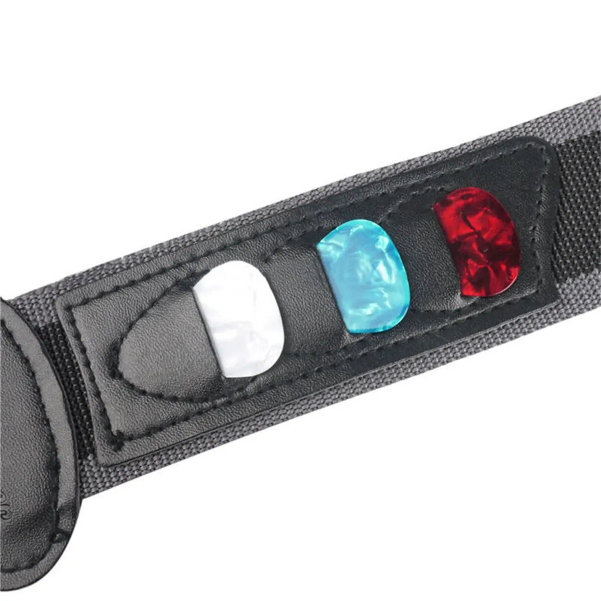Black PU leather guitar strap with three colored pick holders: white, blue, and red.