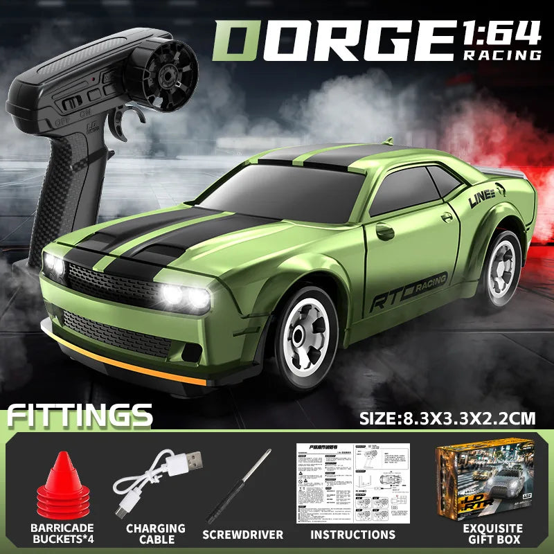 DORGE 1:64 Racing model car in lime green with black stripes, shown next to a remote control and fittings.