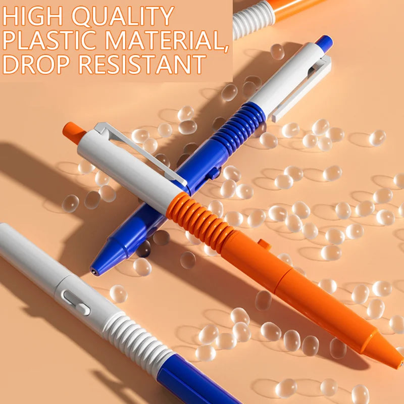Orange and blue plastic pen with a white grip shown diagonally on a light background.