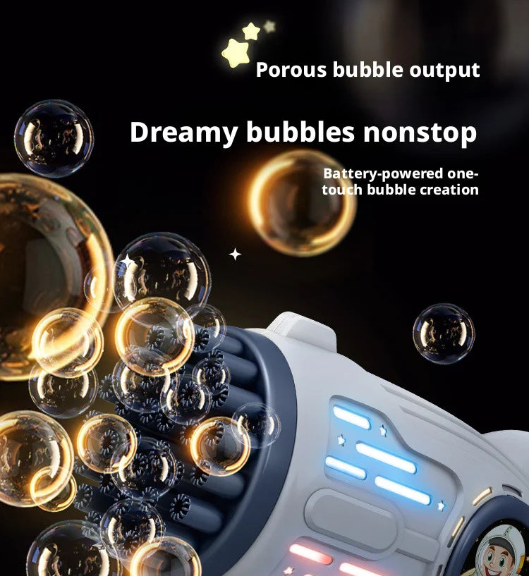 Une pistolet à bulles blanc crée et lance des bulles brillantes sur un fond sombre.