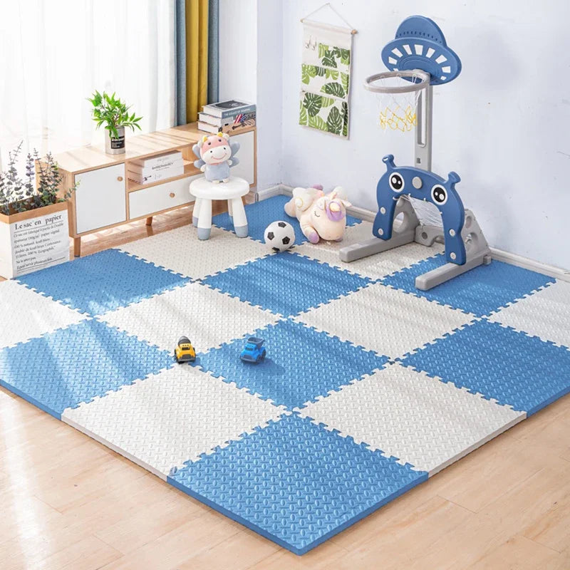 A blue and white checkered play mat set featuring a basketball hoop and stuffed animals for children.