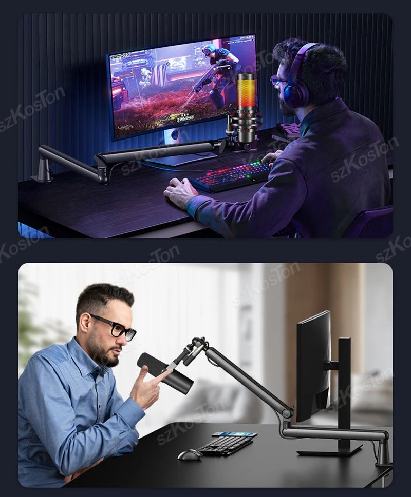 A man is using a low profile microphone arm with cable management and extension riser on a desk.