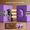 A purple magnetic track train set demonstrating hand-eye coordination exercises with flexible rail pieces.