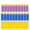 A row of purple and blue EVA foam darts for Nerf blasters.