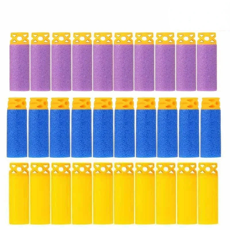 A row of purple and blue EVA foam darts for Nerf blasters.