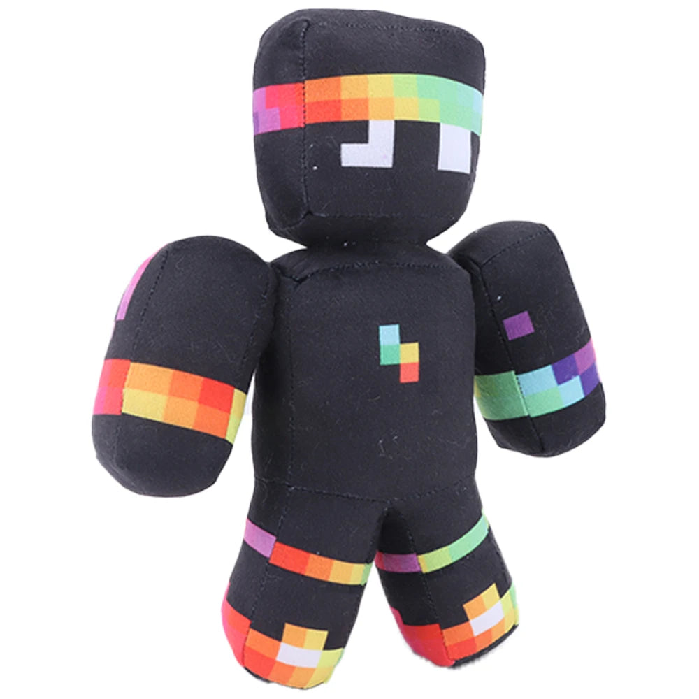 A black plush toy resembling a pixelated character with multicolored accents on the body and limbs.