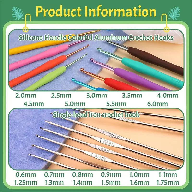 A collection of silicone and iron crochet hooks in various sizes and colors displayed on a light background.