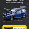 A blue BMW model car showing the front hood mechanism for opening doors and steering.