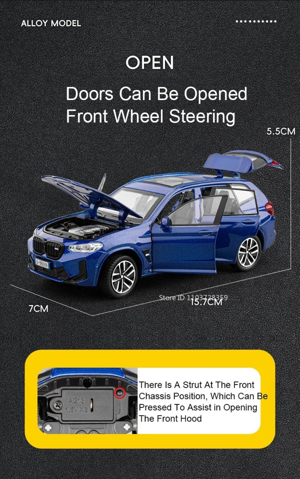 A blue BMW model car showing the front hood mechanism for opening doors and steering.