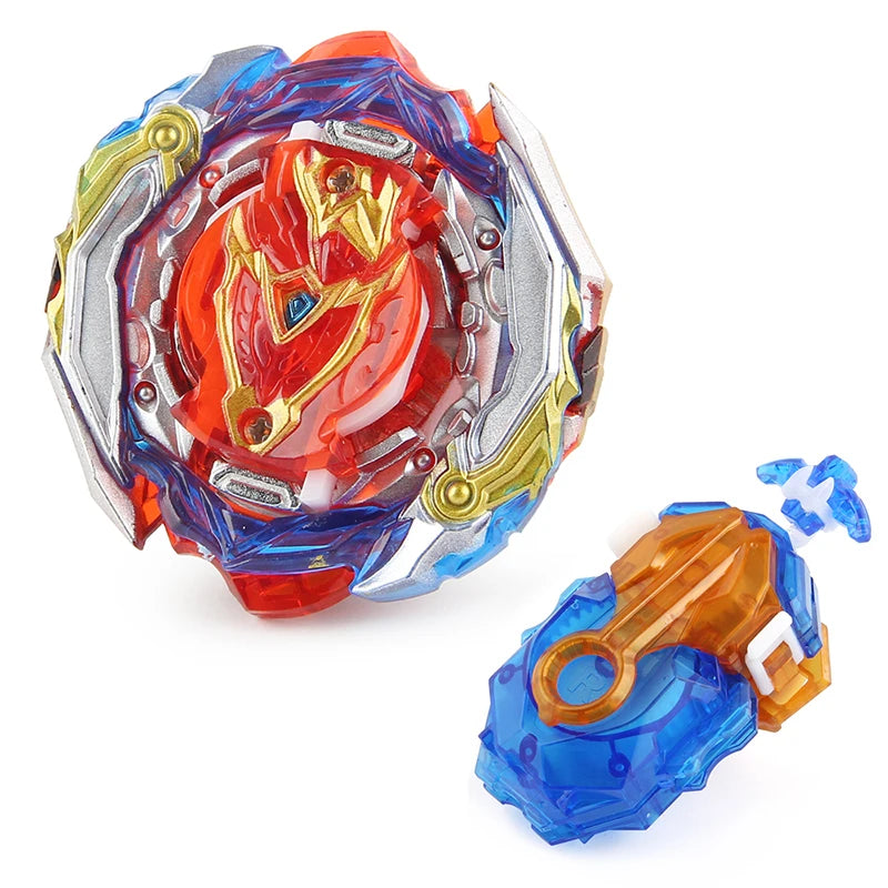A metal spinning top battle set featuring an orange and gold design with a blue string launcher.
