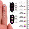 A hand displays various sizes of glass crystal hot fix rhinestones, labeled SS6 through SS30, for DIY crafts and decor.