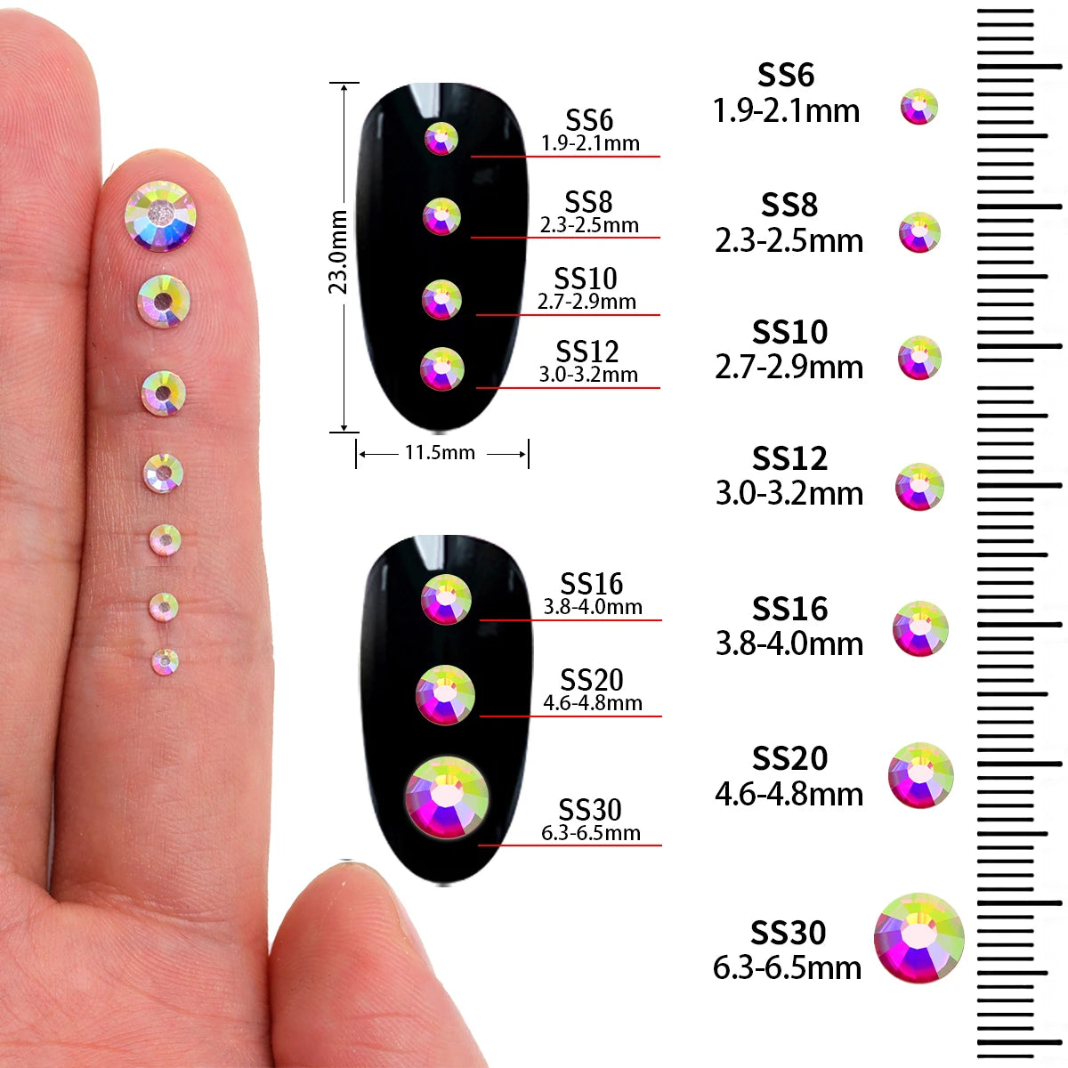 A hand displays various sizes of glass crystal hot fix rhinestones, labeled SS6 through SS30, for DIY crafts and decor.