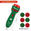 A green Christmas projection flashlight with a red cap and six random cards shown next to it.