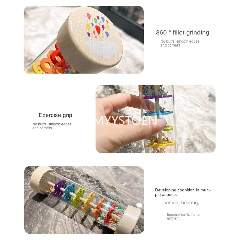 Wooden rain sound shaker toy with colorful beads and various grips for early learning