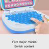 A child's hand is interacting with a blue learning laptop toy featuring a letter keyboard and various educational modes.