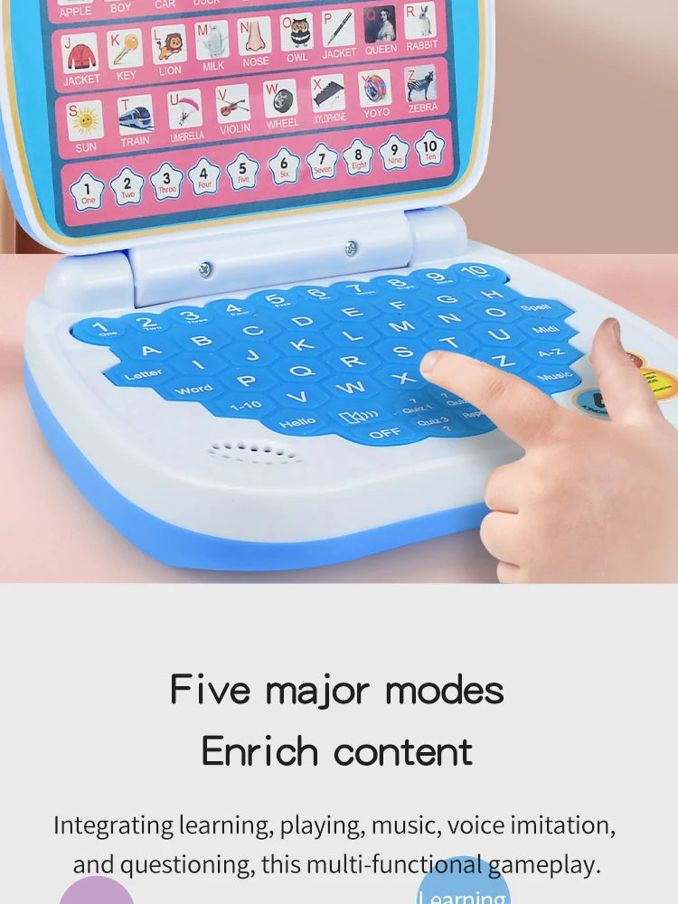 A child's hand is interacting with a blue learning laptop toy featuring a letter keyboard and various educational modes.
