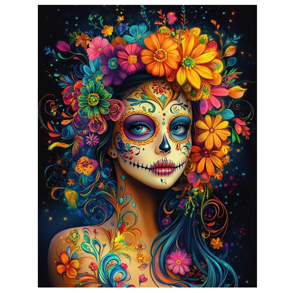 A vibrant diamond painting featuring a skull adorned with colorful flowers and intricate patterns.