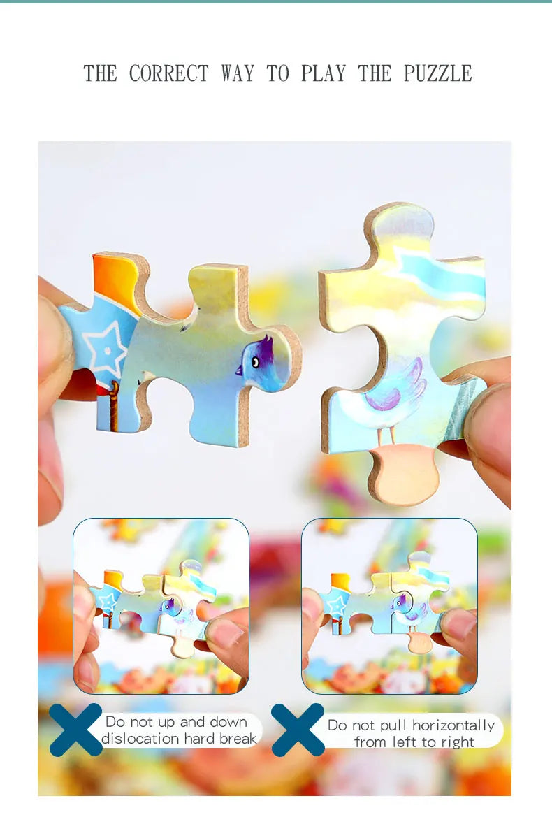 Hands demonstrate the correct way to play a jigsaw puzzle by avoiding dislocation and horizontal pulling.