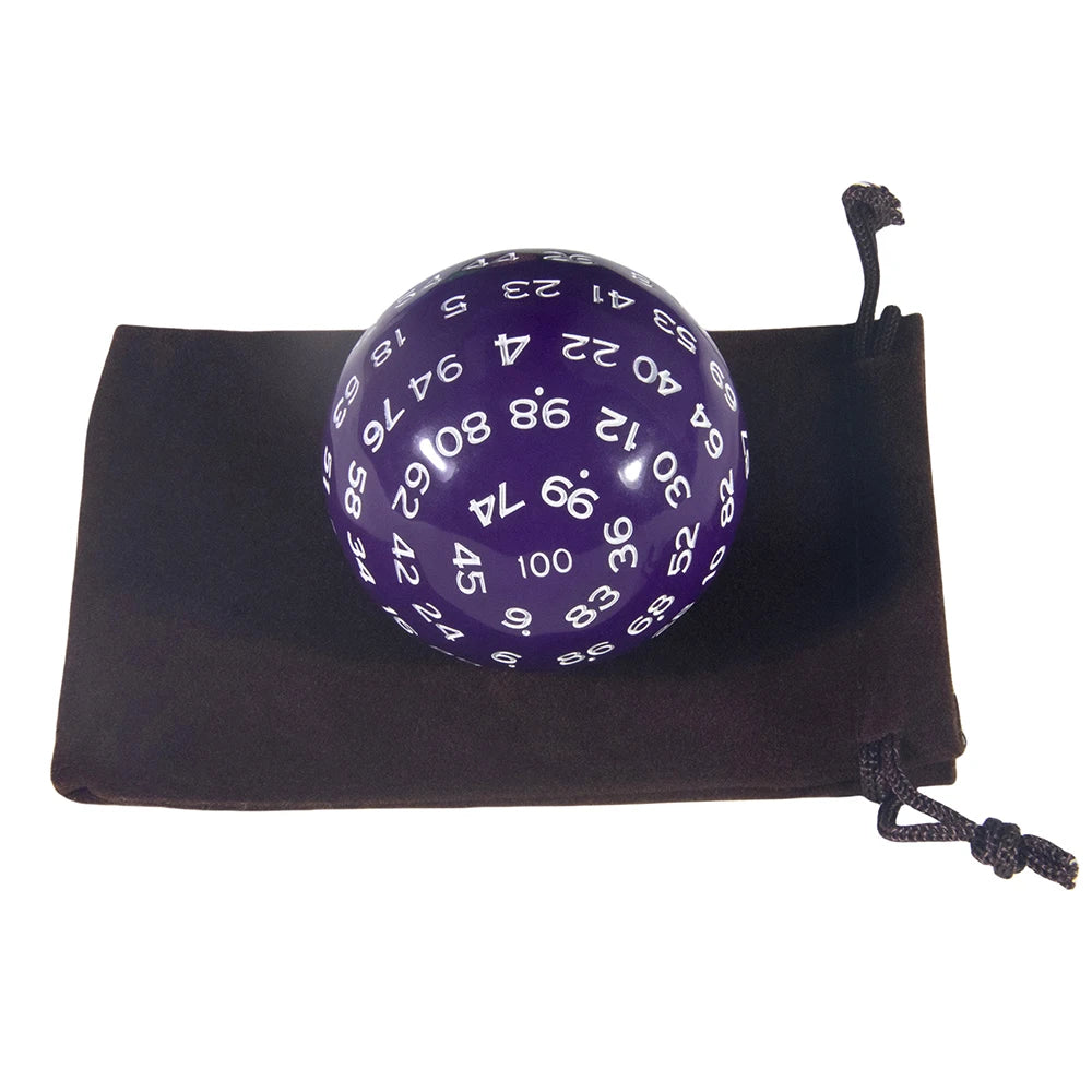 A purple 32-sided polyhedral die resting in a dark fabric storage bag.