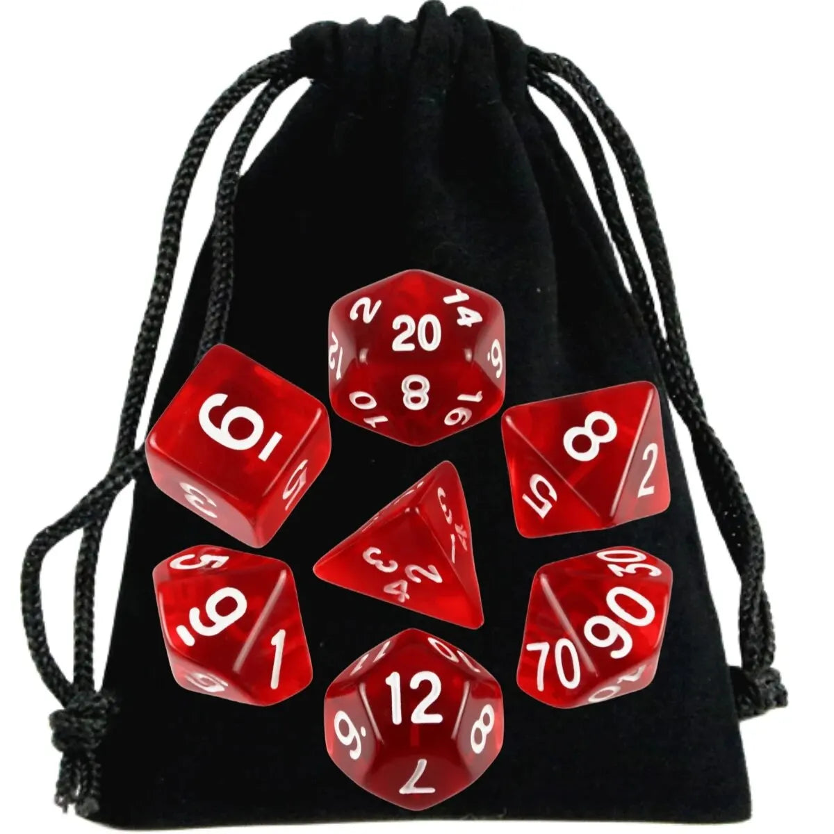 A black drawstring bag filled with a set of transparent polyhedral dice, including d6, d8, d10, and d20.