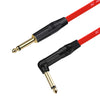 A red instrument guitar cable with a right-angle connector and black insulation.