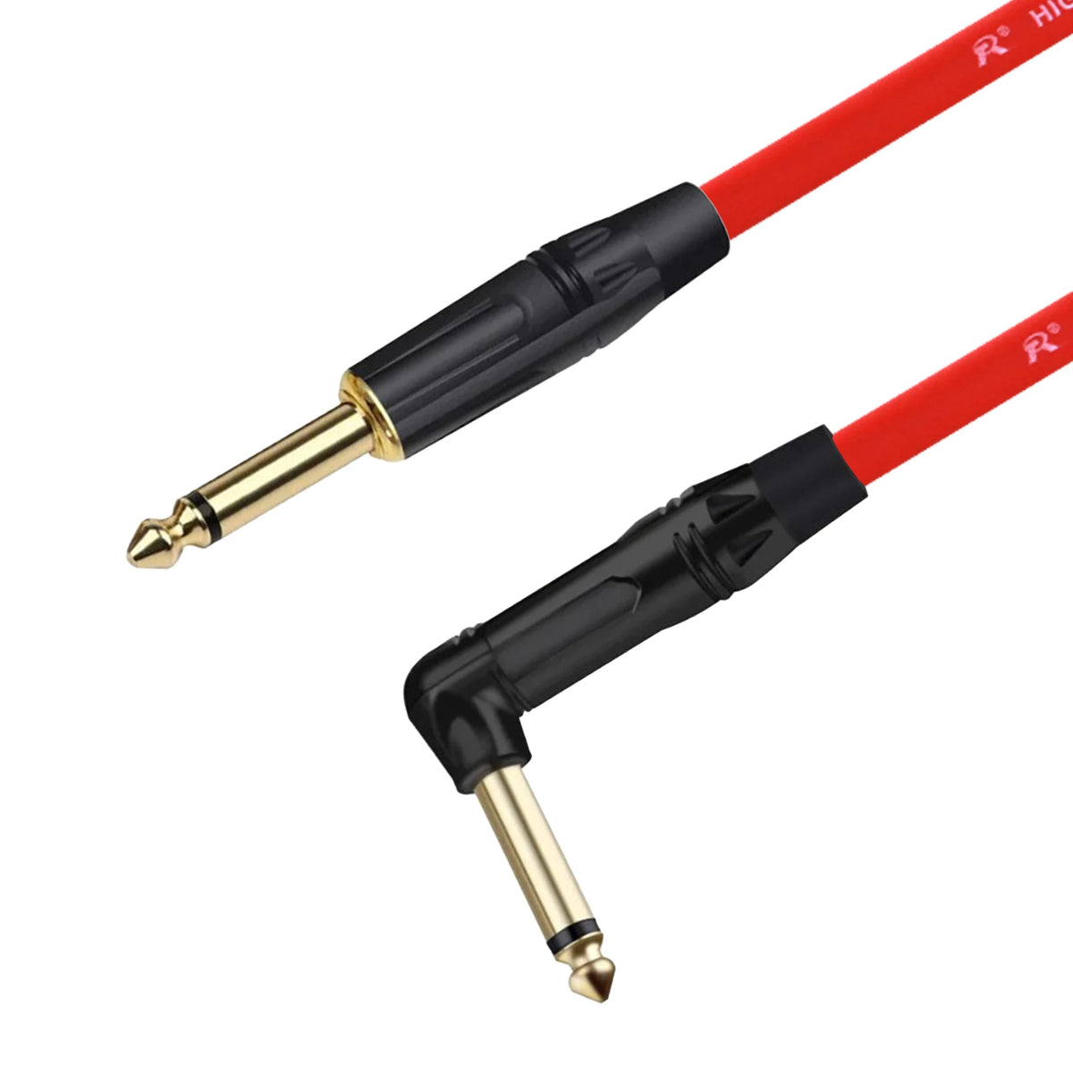A red instrument guitar cable with a right-angle connector and black insulation.