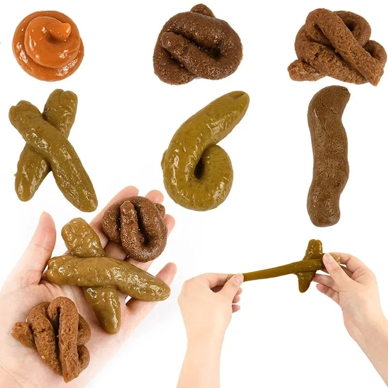 Collection de jouets à la fausse défécation marron et vert, de différentes formes et textures, tenus par des mains.