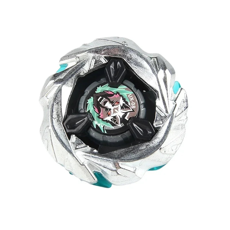 A silver metal spinning top featuring a black core and an engraved design.
