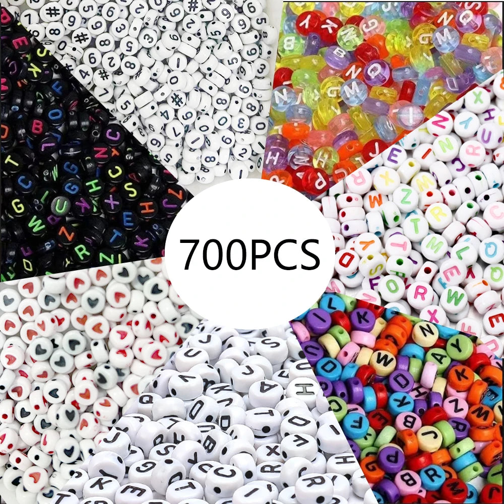 A collection of 700 acrylic alphabet and number beads in various colors and shapes for jewelry making