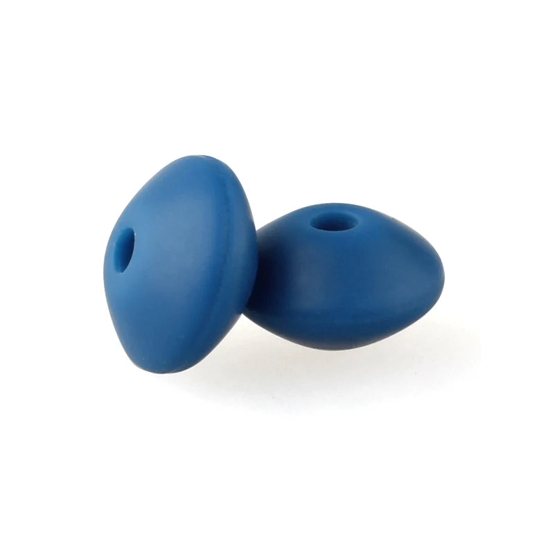 Two smooth, blue silicone lentil beads shaped like an abacus for jewelry making