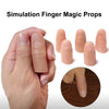 A hand holds a realistic silicone fake thumb tip used for magic tricks, showing various sizes.